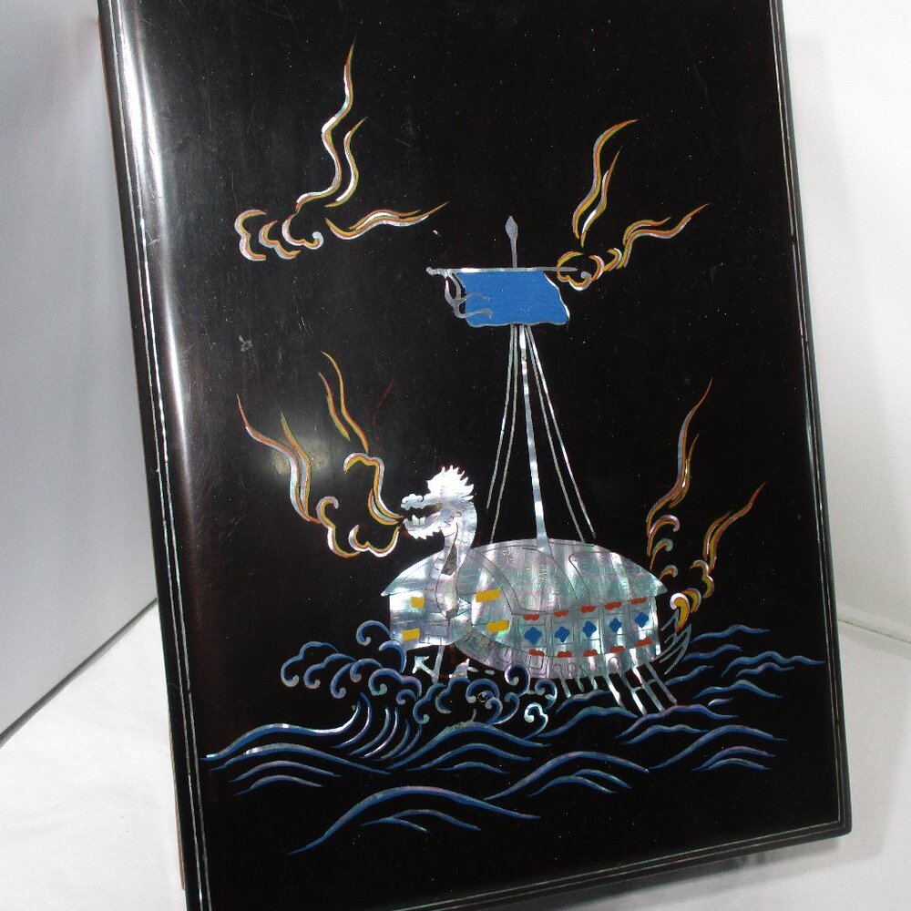 Vintage Korean Black Lacquerware Lacquer Ware Box  MOP Inlay Turtle Ship Design